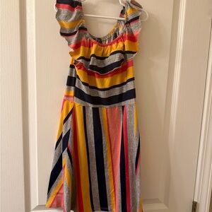 Girls' Striped Ruffle Shoulder Dress in Yellow, Navy & Pink